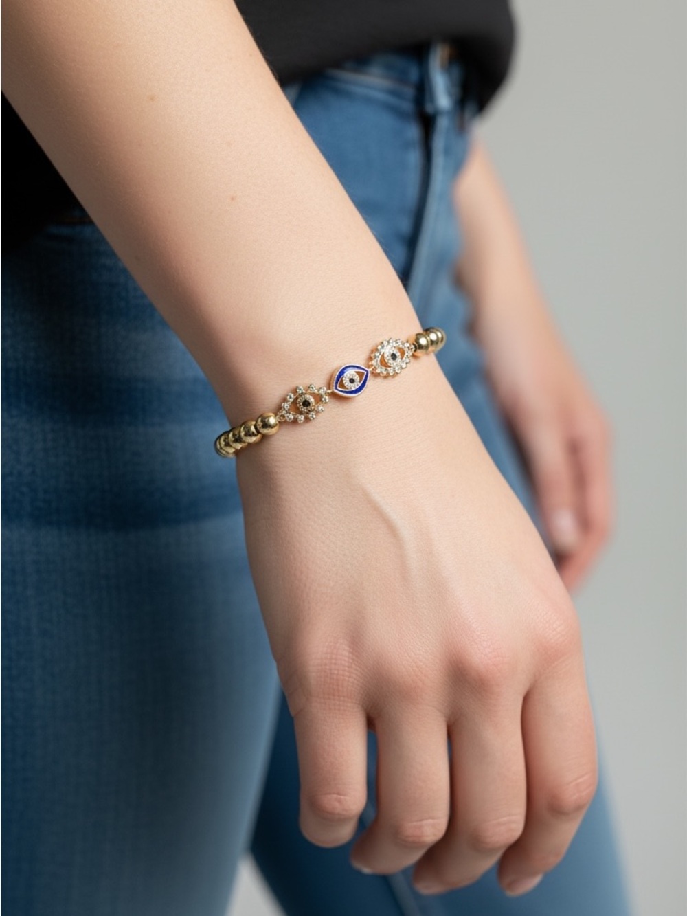9/18 Gold Beaded Evil Eye Bracelet with Blue Accent